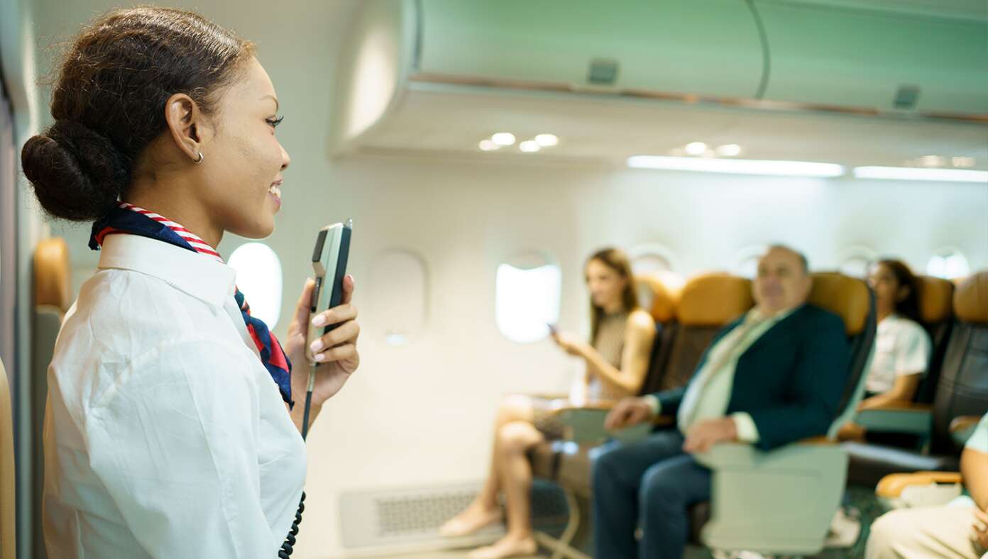 Thumbnail for Flight Attendant On A Boeing Gives Presentation On What To Do In The Unlikely Event Of A Safe Landing