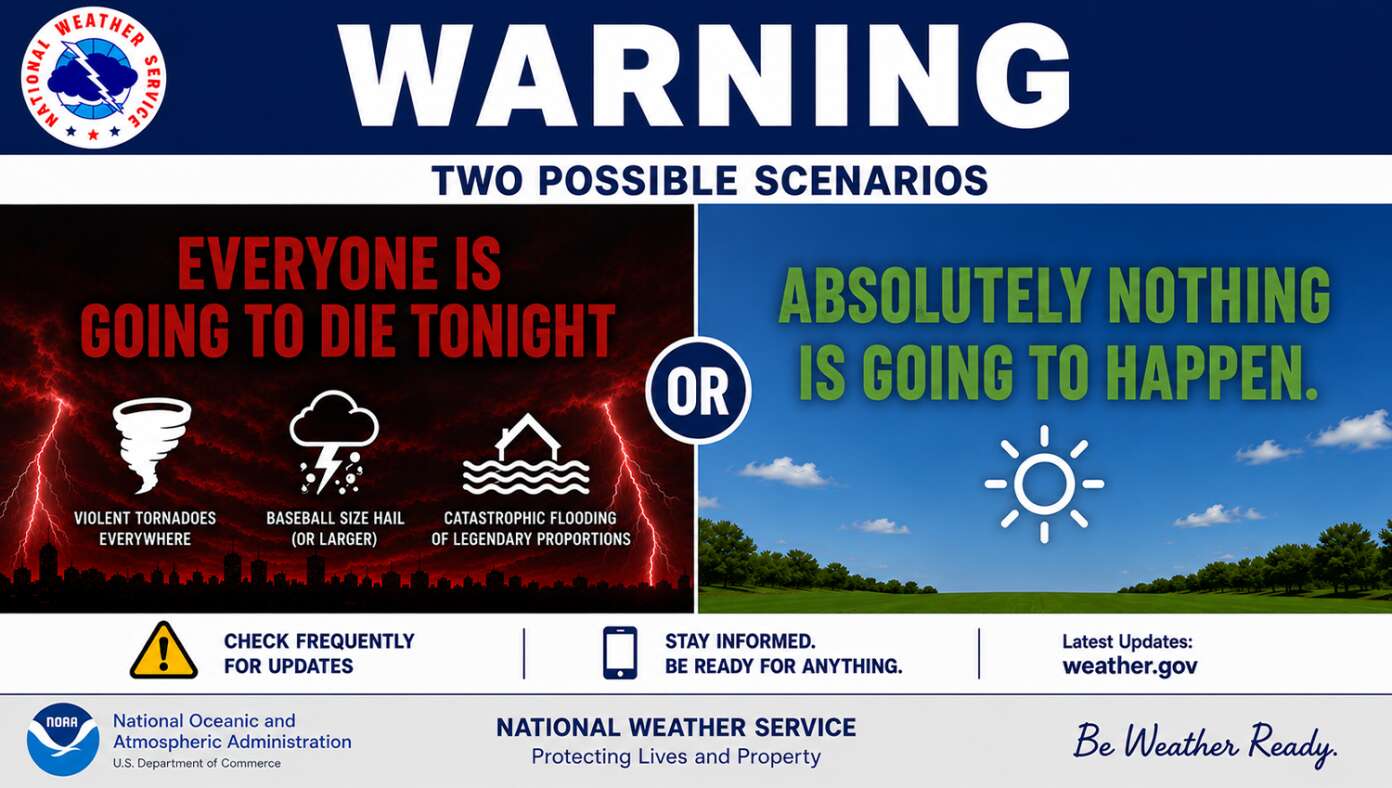 National Weather Service Announces Everyone Is Going To Die Tonight Or Absolutely Nothing Is Going To Happen, One Of The Two - Article image